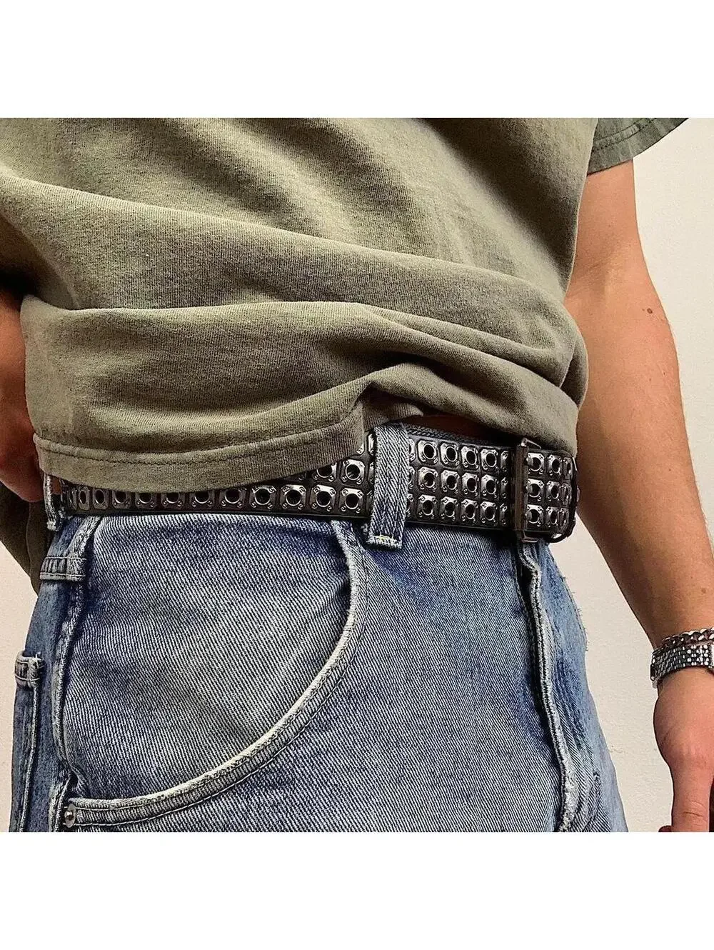 Cyber y2k 2000s vintage style dark silver studded belt. Nice quality. 42 inches